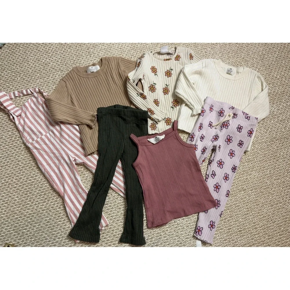 HM Zara Toddler Girls 2T Ribbed Clothing Lot Floral Jumpsuit neutral Cottagecore